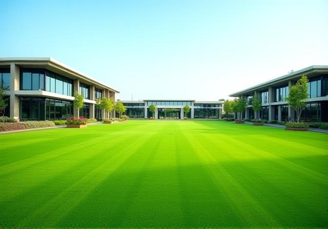 Expansive, perfectly maintained lawn and landscaping around a commercial complex in Wellington