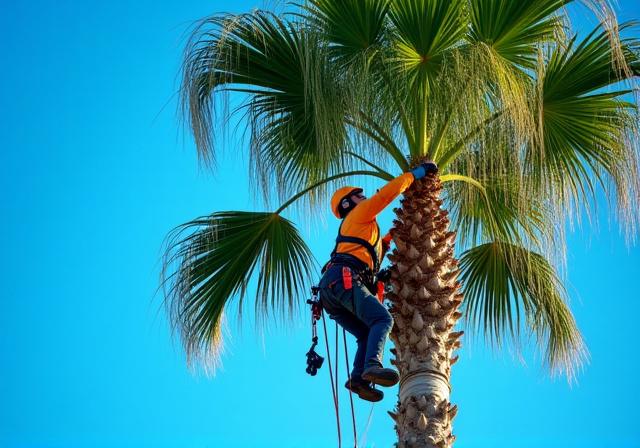 Skilled arborist meticulously trimming fronds from a tall palm tree, enhancing its form