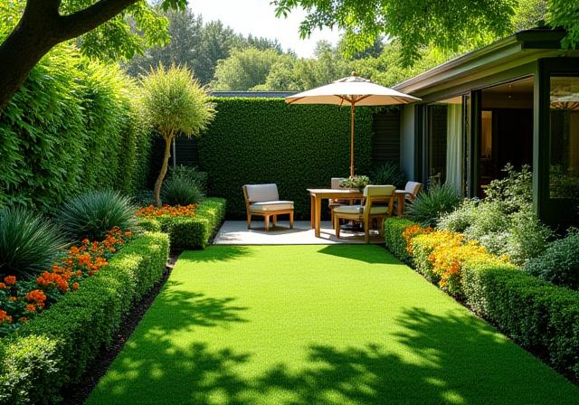 Lush, green residential backyard in Wellington with perfectly trimmed hedging and vibrant flowerbeds