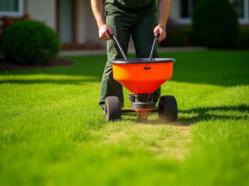 Lawn care professional applying granular fertilizer evenly across a lush green lawn