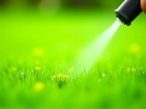Focused application of weed control spray on a targeted weed in a vibrant green lawn