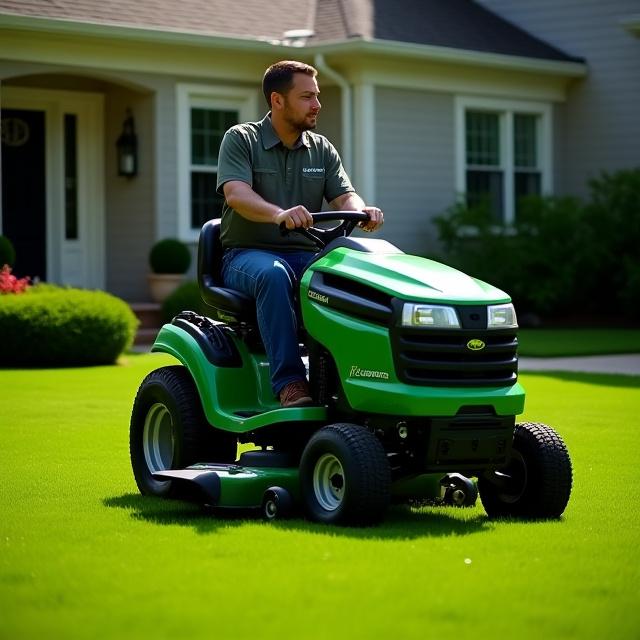 AG Lawn Professionals team member operating a commercial mower on a residential property